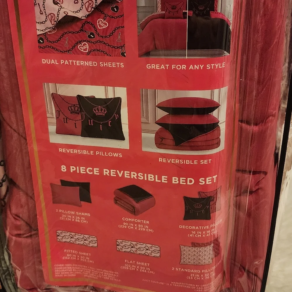 Juicy Coulture bot pink/black 8piece queen Reversible bed set new